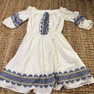 KAARI BLUE PATTERNED OFF SHOULDER DRESS SIZE SMALL